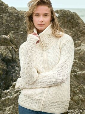Aran Crafts Ireland 100% Merino Wool Cable Knit Zip Cardigan Cream Medium